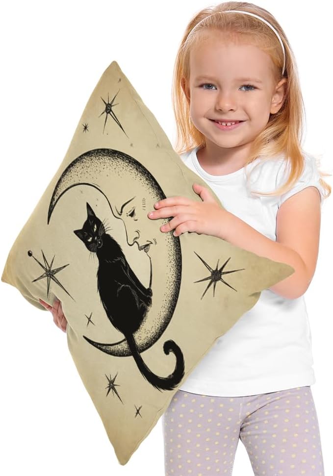 Moslion Cats Moon Throw Pillow Cover Pillow Case Black Cat Sits on The Moon Face Star Cotton Linen Pillow Case 18 x 18 Inch Cushion Cover for Sofa Living Room Light Brown - Image 2